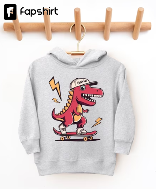 Dinosaur Toddler Hoodie Custom Name Sweatshirt, Skater Boy Sweatshirt Girl Personalized Gift for Kids, Skateboarding T Rex Punk Kid Clothes