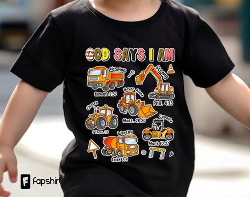 God Says I Am Construction Shirt, Christian Toddler Shirts, Jesus Shirt, Religious Kids Shirt, Christian Baby Onesie®, Kids Truck Shirt