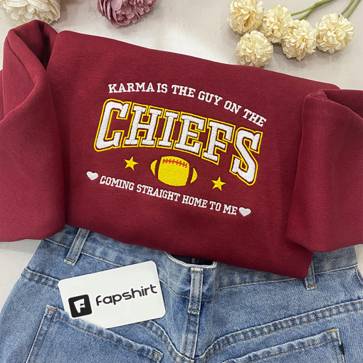 Karma Is The Guy On The Chiefs Embroidered| Y2K Style Embroidered Crewneck| Sweatshirt| Travis Kelce – Music Merch