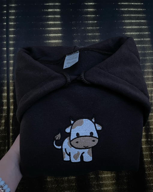 Cow embroidered hoodie; Sitting cow with MOO embroidered on the cuff of the hoodie, Fall hoodies