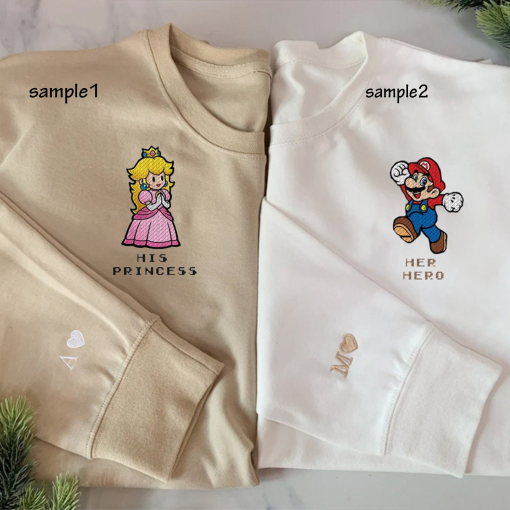 Super Mario Her Hero And His Princess Couple Embroidered Sweatshirt