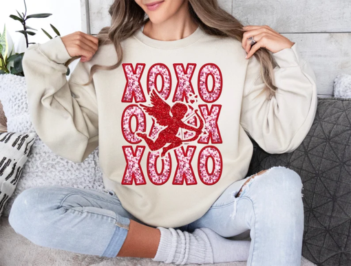 Pink XOXO Sparkly Faux Sequins, Cupid Valentines Day shirt, Trendy Valentines Day shirt