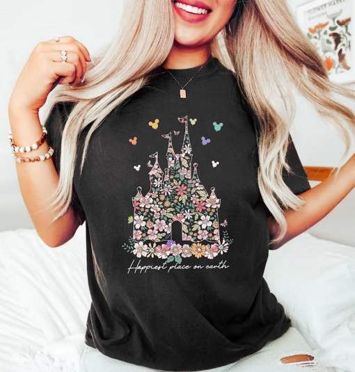 Disney Castle Floral Comfort Colors Shirt, Vintage Disney Shirt, Happiest Place on Earth Sweatshirt , Magic Kingdom Shirt