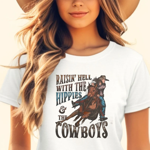 Raising Hell with the Hippies and Cowboys Bella T. Western, cute, hippies, cowboys, adorable T, casual t-shirt, horses, cowgirls