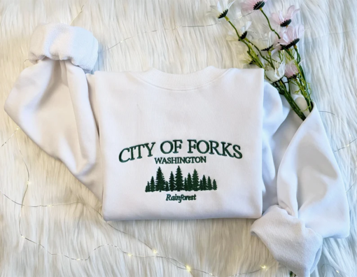 City of Forks Embroidered Sweatshirt | Washington Embroidered Hoodie | City Of Forks Washington Sweater | Forrest Crew Neck Sweatshirt