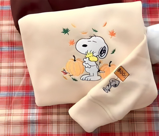 Boo Snoopy Hugging Woodstock Pumpkin Autumn Leaves Embroidered Shirt