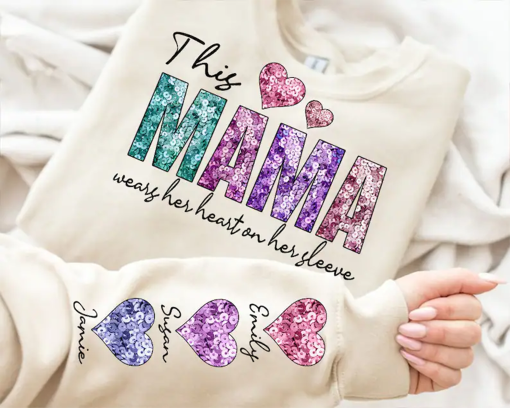 This MAMA Wear her Heart shirt, Faux Sequin Glitter shirt, Valentine shirt, Mama’s Valentine shirt, Sequin Valentine shirt