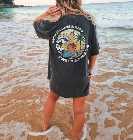 Happiness Comes in Waves Tee, Summer Graphic Tee, BeachT-shirt, Boho Tee, Vintage Inspired Cotton T-shirt, Unisex Tee, Comfort Colors Tee