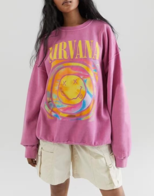 Nirvana Smile Heliconia Pink Sweatshirt, Nirvana Smile Face Crewneck Sweatshirt, Trendy Pink Sweatshirt, Pink Smile Sweatshirt, T-Shirt