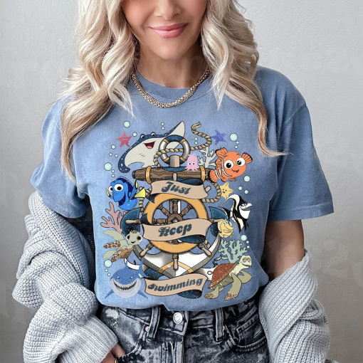 Vintage Disney Finding Nemo Characters Just Keep Swimming Shirt, Disney Pixar Finding Dory Shirt, Disney Family Vacation 2023