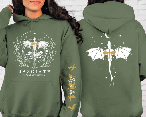 Basgiath War College Double-Sided Hoodie + Sleeve Design, Fourth Wing Hoodie, Violet Sorrengail, Xaden Riorson, Dragon Rider, Bookish Shirt