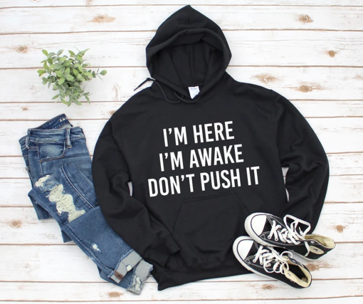 I’m Here I’m Awake Don’t Push It HoodieSarcastic Hoodie Funny Hooded Sweatshirt Funny Winter Hoodies Adult Humor Funny Gift Idea Sarcasm