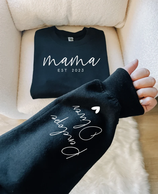 Custom Mama Sweatshirt with Date and Children Name on Sleeve, Mama Sweatshirt, Minimalist Mama, Ollie and Penny, Gift for Mom, blanch