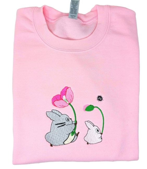 My neighbor totoro flowers forest friends crewneck sweater light pink cottagecore