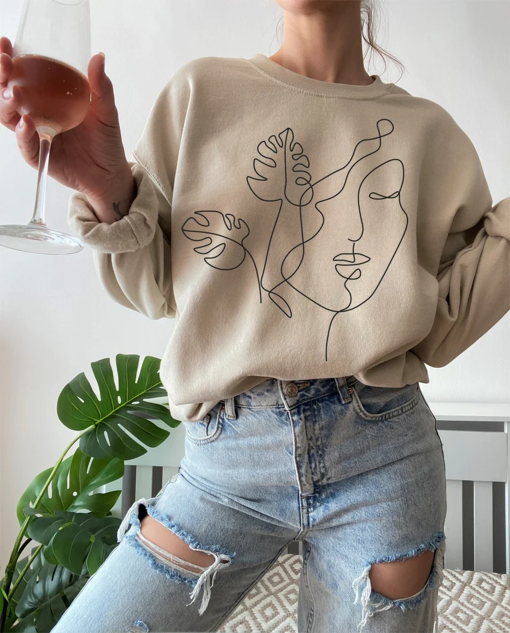 Women’s Abstract Face Monstera Leaf Sweatshirt, Monstera Leaf Shirt, Abstract Face, Plant Sweatshirt, Abstract Sweatshirt