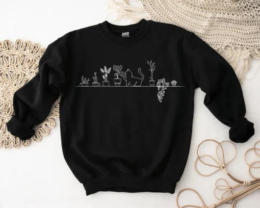 Cat And Plants Sweatshirt, Cat Lover Sweater, Plant Lover Outfit, Cat Owner Clothing, Pet Lover Outfit, Cat Owner Custom Sweater