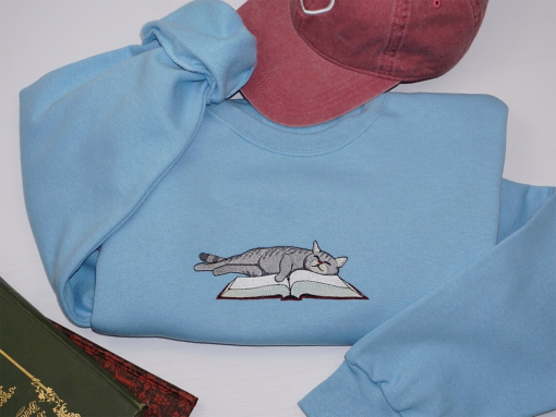 Embroidered Cat Sleeping on Book, Adult Unisex Crewneck Sweatshirt