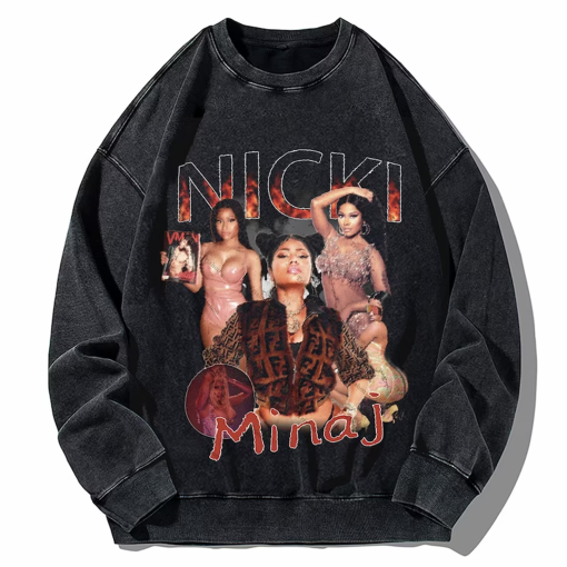 Nicki Minaj Washed T-Shirt,Rapper Homage Graphic Unisex Sweatshirt,Hip Hop Sleeve,Nicki Minaj Retro 90’s Fans Hoodie Rapper Fan Gift