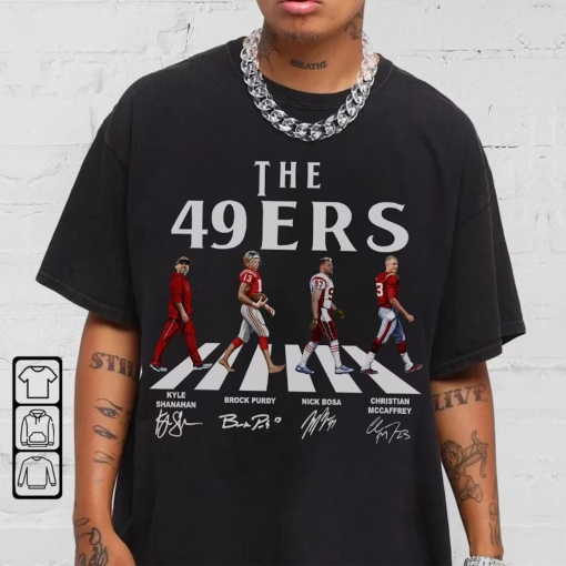 49ers Walking Abbey Road Signatures Football Shirt, Kyle Shanahan, Brock Purdy, Nick Bosa, Christian McCaffrey, Francisco Vintage