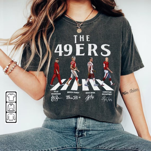 49ers Walking Abbey Road Signatures Football Shirt, Kyle Shanahan, Brock Purdy, Nick Bosa, Christian McCaffrey, Francisco Vintage