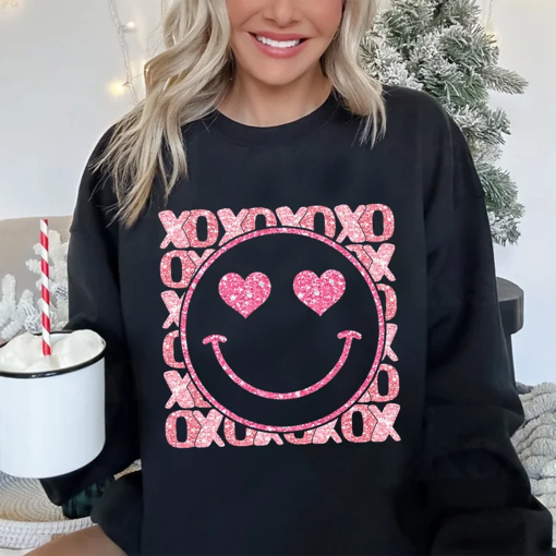 XoXo Smiley Face Sequins Glitter shirt, Valentine’s Day Sublimation shirt, Lover shirt, Faux Embroidery Sublimation, Retro Valentine shirt