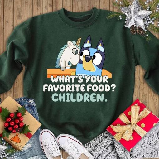 Bluey Unicorse Shirt, Blue Heeler Shirt, Dad Shirt, Mum Shirt, Bandit Shirt, Blue Bingo Shirt Bluey Birthday Party What’s Your Favorite Food