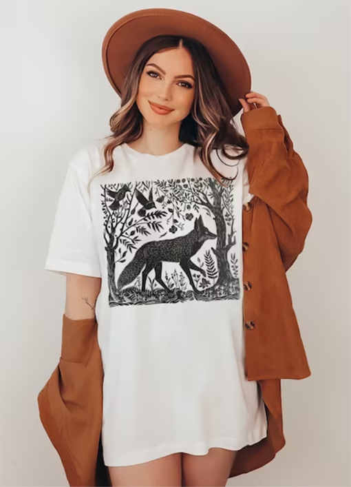 Folklore Forest Fox Lino Print Shirt, Vintage Forestcore TShirt, Folk Art Linocut Fox T-Shirt, Cottagecore Aesthetic Tee