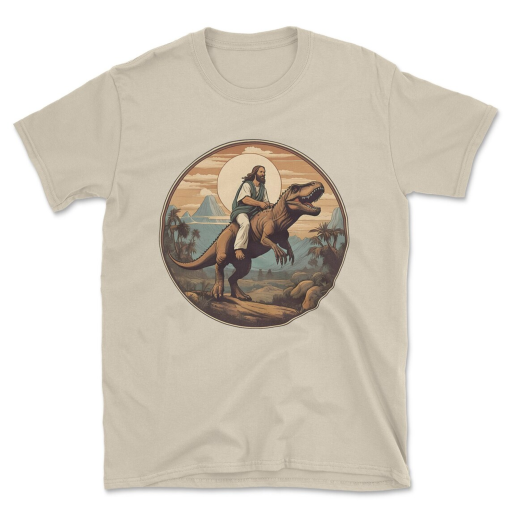 Jesus Riding a Dinosaur T-Shirt, Hilarious Religious Parody Tee, Unique Casual Wear, Perfect Gift for Comedy Lovers