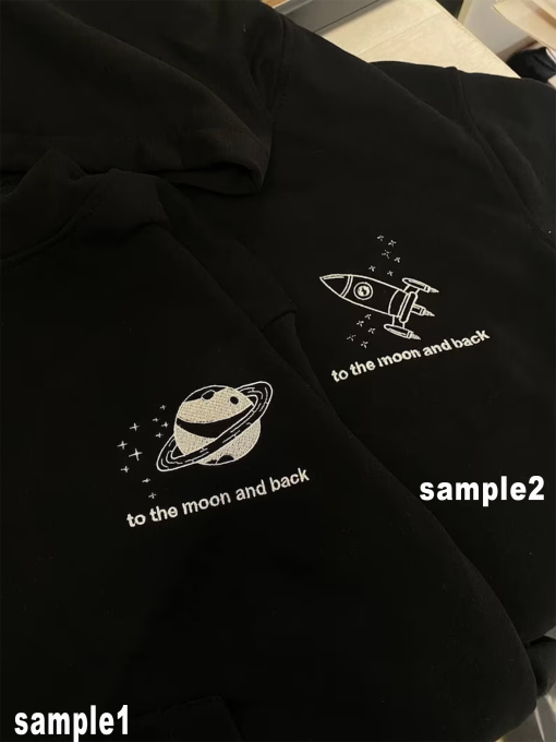 Couple Embroidered Space Rocket and Moon Hoodies Sweatshirts Items Gift for Her and Him