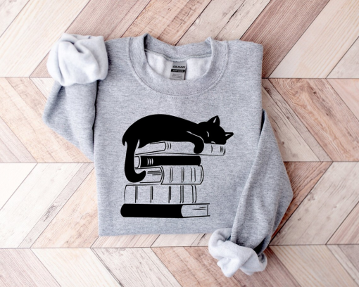 Bookish Sweatshirt, Book Lover Sweatshirt, Gift for Cat Lover, Cute Cat Book Sweatshirt, Librarian Gifts For Women, Floral Cat Sweatshirt