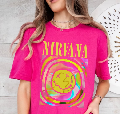 Pink Smile Face Overdyed Shirt, Pink Nirvana Sweatshirt, Nirvana Shirt, Heliconia Pink Color, 90s Sweatshirt