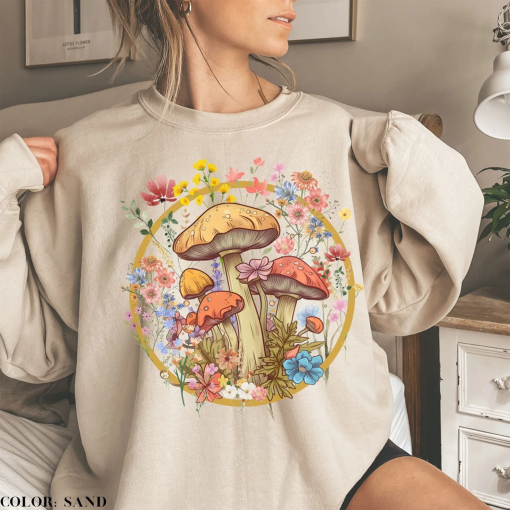 Cottage Core Mushroom Sweatshirt, Mushroom Hoodie, Botanical Shirt, Wildflower Mushroom Crewneck For Women, Cute Magic Mushroom Sweater Gift