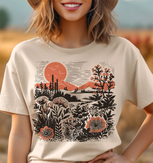 Vintage Botanical Shirt, Beauty of Nature tee, Sunset Wildflowers tee shirt,Poppy flower t-shirt, Cottage Core floral shirt