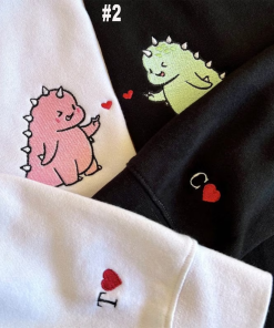 Dinosaur Embroidered Matching Couple Hoodie, Valentine Sweatshirt,…