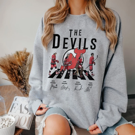 Devils Walking Abbey Road Signatures Ice Hockey Shirt, Jack Hughes, Luke Hughes, Vitek Vanecek, Timo Meier, New Jersey Vintage