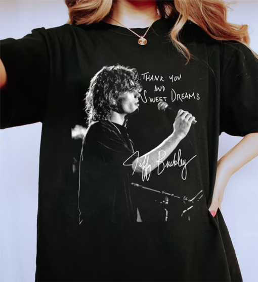 Jeff Buckley Thank You and Sweet Dreams Signature Unisex Black T- Shirt, Retro Style Jeff Buckley Shirt, Jeff Buckley Shirt