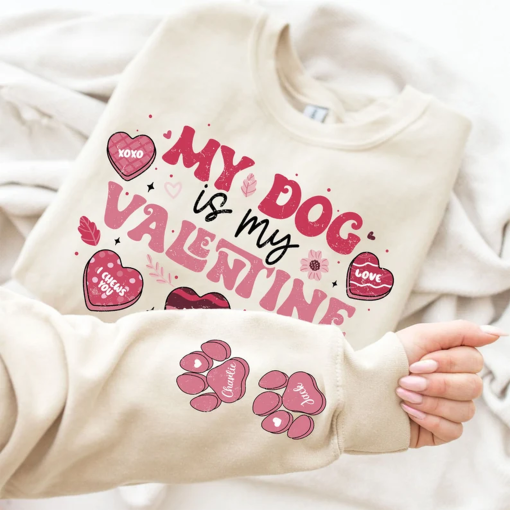 My Dog is My Valentine Shirt Png, This Dog Mom Wears Her Heart on Her Sleeve Png, Dog Paw Png, Custom Dog Name shirt Png, Dog Mom,Dog Mama