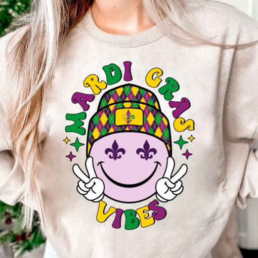 Mardi Gras Vibes Smiley Face Png, Fleur De Lis PNG, Laissez Les Bon Temps Rouler Faux Embroidery Sequins PNG, Mardi Gras Png Mardi Gras Png