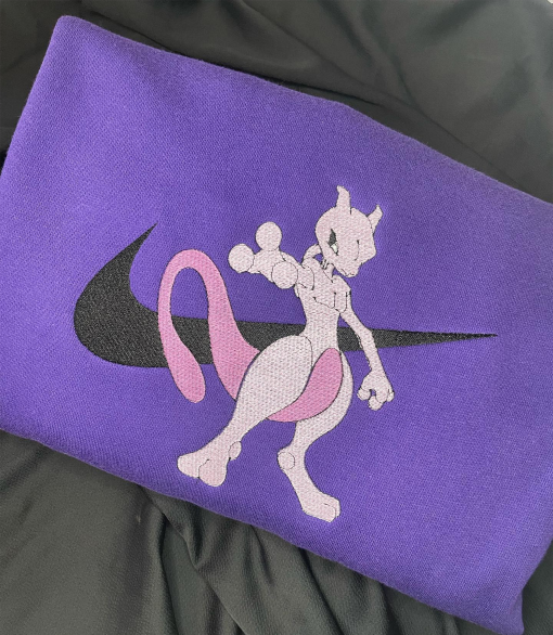 Pokemon Mewtwo Embroidered Hoodie; Pokemon embroidered sweatshirt; Pokemon embroidery; Pokemon Hoodies; Pokemon Mewtwo sweatshirt, Manga Tee