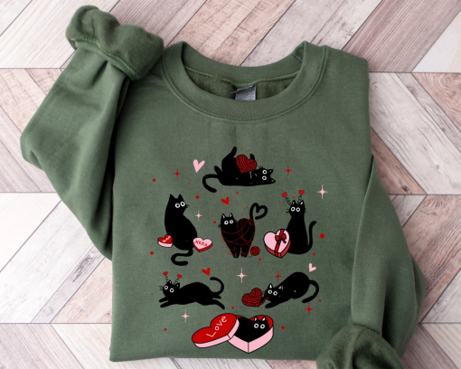 Valentine Black Cat Sweatshirt, Black Cat Love Shirt, Kitten Valentine Shirt, Cat Lover Gift, Cat Mom Sweater, Lover Gift, Heart Cat Hoodie