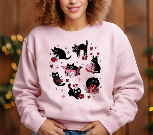 Black Cat Valentine Shirt, Cat Happy Valentines Day Sweatshirt, Pet Valentine Hoodie, Cat Mom Valentines Tee