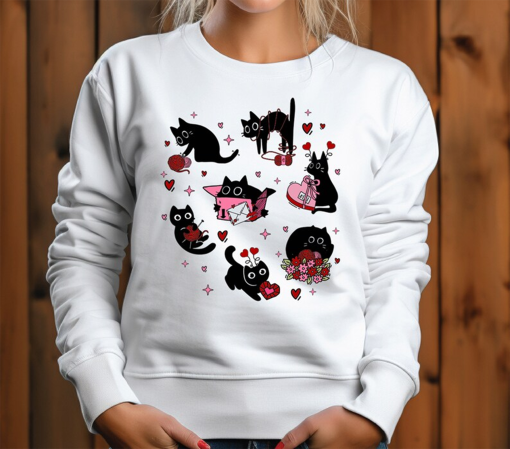 Black Cat Valentine Shirt, Cat Happy Valentines Day Sweatshirt, Pet Valentine Hoodie, Cat Mom Valentines Tee