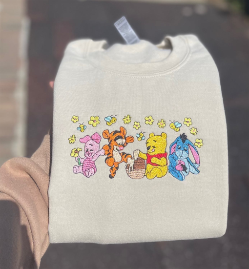 Classic Winnie The Po.oh Collection | Embroidered Crewneck Sweater Featuring P.ooh, Ee.yore, and Pig.let, Tig.ger, Valentine’s Day Gift,