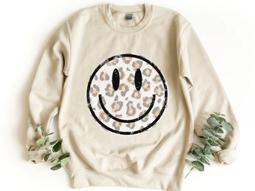 Smile Leopard Sweatshirt, Smile Face Crewneck, Trendy Smile Face Sweatshirt, Smile Face Hoodie, Positivity Sweatshirt, Women Preppy Gifts