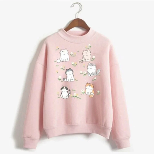 Kawaii Cat Sweatshirt Cat Flower Sweater Cottagecore Sweater Fairycore Clothes Harajuku Hoodie Fairy Kei Clothes Soft Girl Aesthetic Sweater