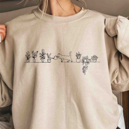 Cat Watering Plants Sweatshirt, Plant Lady Hoodie, Plants Sweatshirt, Gardening Sweatshirt, Succulents And Cat Hoodie,Cats and Plants Hoodie