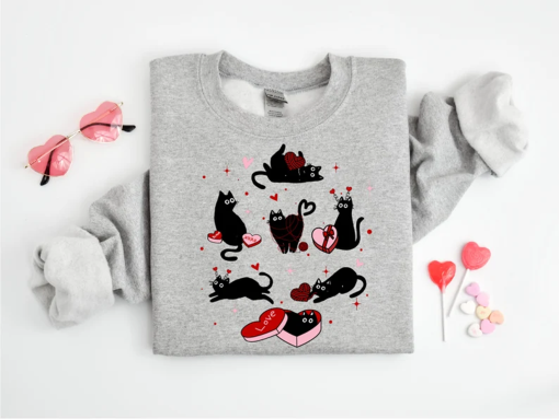 Cute Black Cat Valentine Sweatshirt, Cat Lover Valentine Sweatshirt, Funny Valentines Day Sweater, Valentines Day Cat Lover Sweatshirt