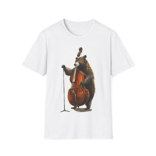 Unisex Softstyle T-Shirt, bear bassist, sketch art, double bass, rustic tee, bear shirt, music print, humorous bear, upright bass