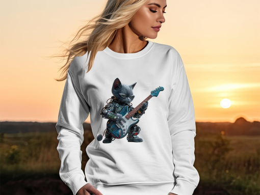 Cyber Cat Guitarist T-Shirt, Unique Robotic Kitten Rock Band Tee, Cool Musician Cat Lover Gift, Sci-Fi Feline Apparel, Unisex Sizes