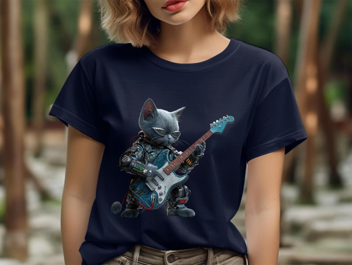 Cyber Cat Guitarist T-Shirt, Unique Robotic Kitten Rock Band Tee, Cool Musician Cat Lover Gift, Sci-Fi Feline Apparel, Unisex Sizes